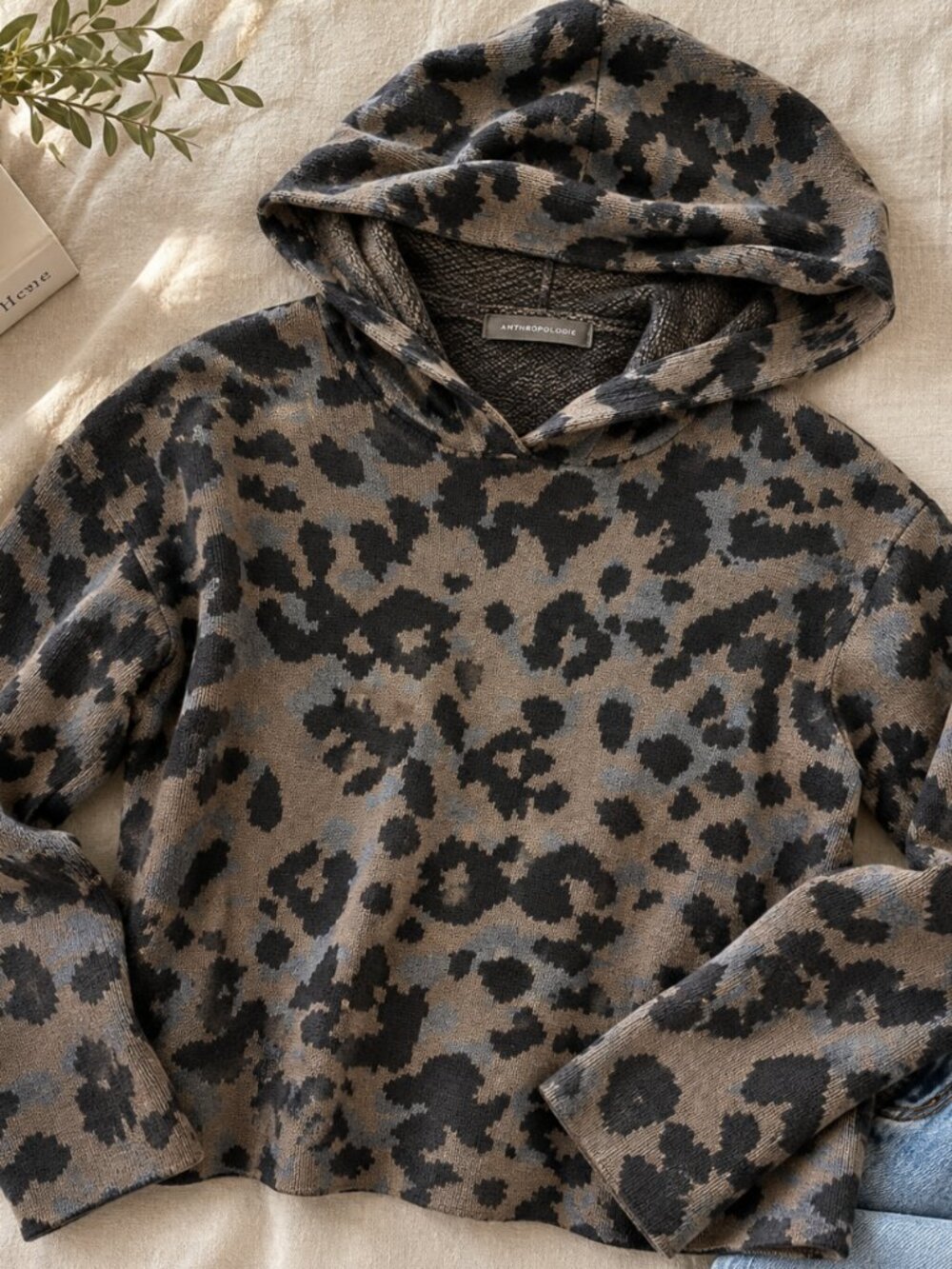 Anthropologie Leopard Print Knit Hooded Sweater Pullover Size S